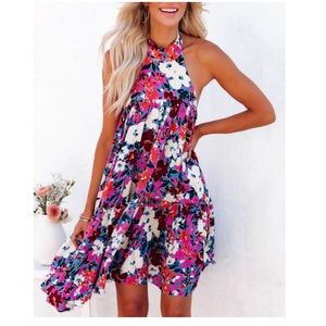 Map of Spring Floral Backless Halter Mini Dress - small